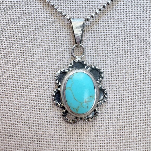 VTG Sterling Silver 925 Turquoise Bezel Set Pendant Necklace Size 24" Length - Picture 1 of 16